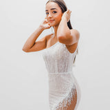 Nude Sparkling Pearls Short Dress for hire