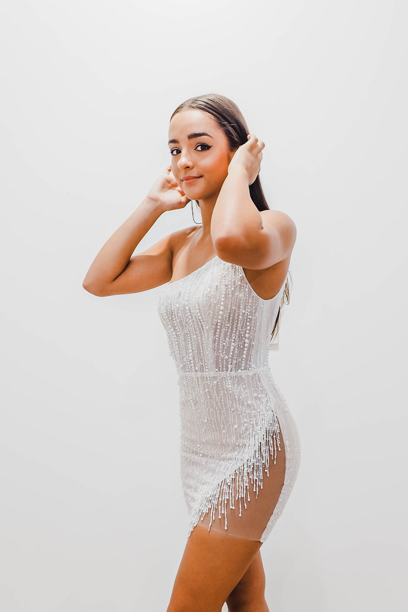 Lumina Nude Sparkling Pearls Short Dress for hire