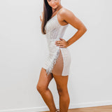Nude Sparkling Pearls Short Dress for hire