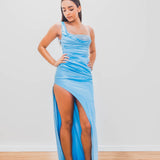 Baby Blue Satin with straight, flowy and beaded neckline and a high slit