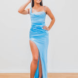 Baby Blue Satin with straight, flowy and beaded neckline and a high slit