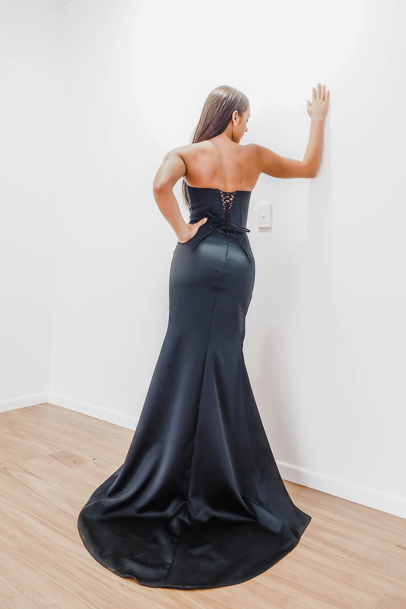 Black Satin with ruching and slit mermaid dress for hire