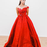 Dark red with hand made 3D flower bodice princess dress for hire