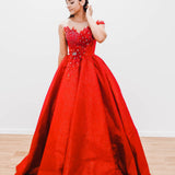 Dark red with hand made 3D flower bodice princess dress