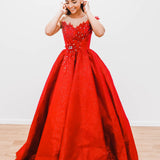 Dark red with hand made 3D flower bodice princess dress
