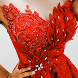Dark red with hand made 3D flower bodice princess dress (sample sale)