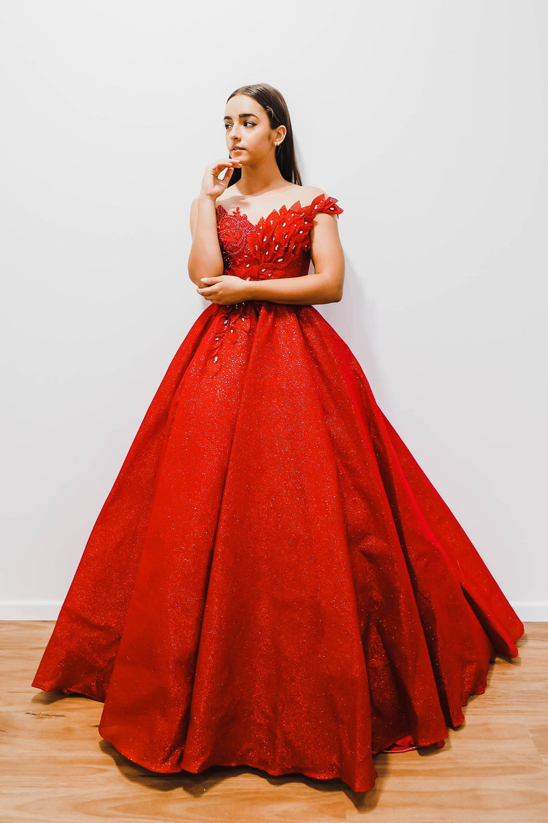Dark red with hand made 3D flower bodice princess dress