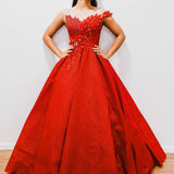 Dark red with hand made 3D flower bodice princess dress