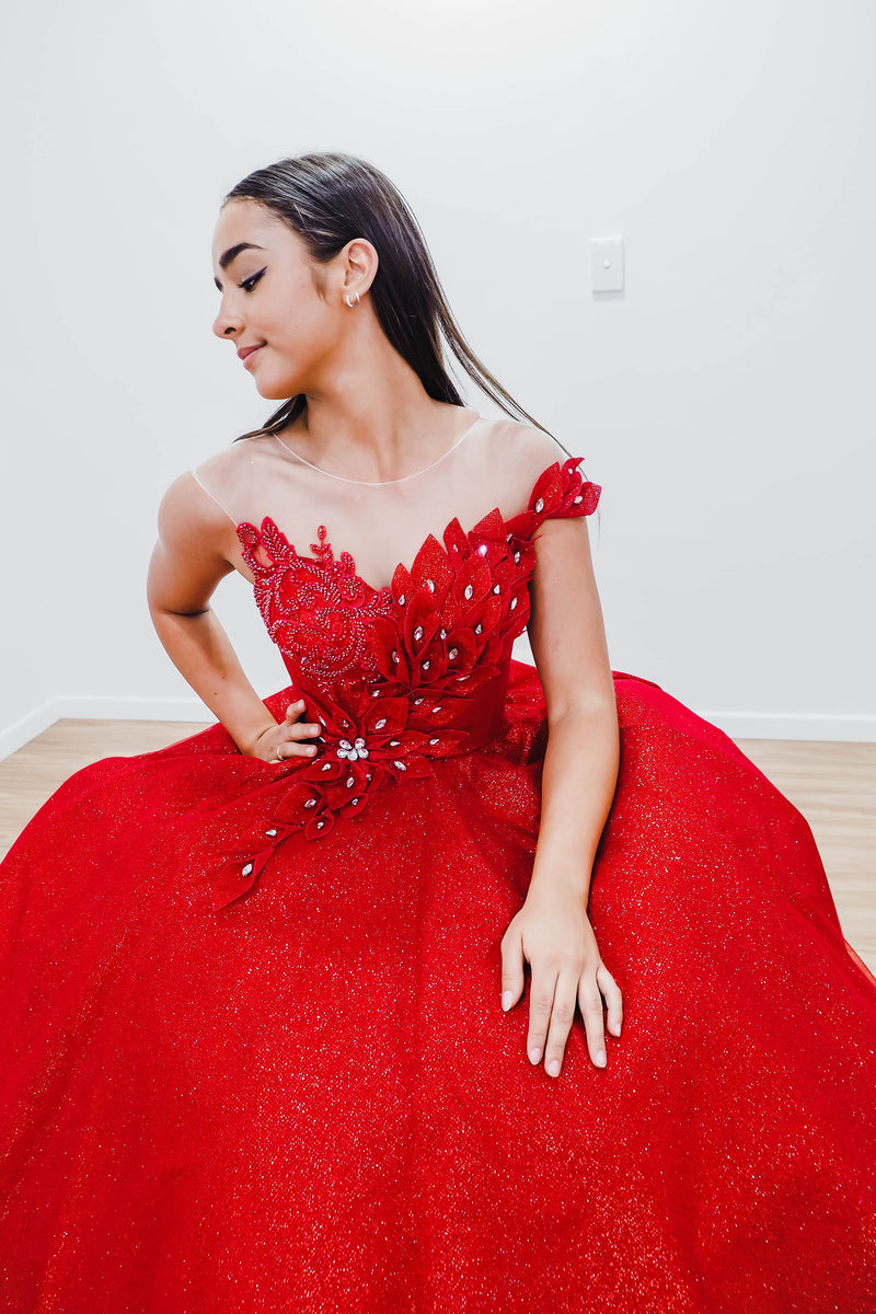 Extravagant Red Satin Ball Gown Wedding/prom Dress With Red Flower and  Glitter Details - Etsy Hong Kong