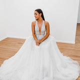 Sparkling white V neck wedding dress