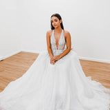 Sparkling white V neck wedding dress