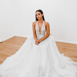 Sparkling white V neck wedding dress for hire