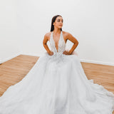 Sparkling white V neck wedding dress