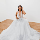 Sparkling white V neck wedding dress