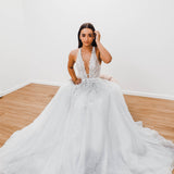 Sparkling white V neck wedding dress for hire