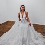 Sparkling white V neck wedding dress for hire