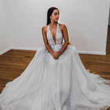 Sparkling white V neck wedding dress