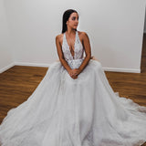 Sparkling white V neck wedding dress for hire