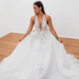 Sparkling white V neck wedding dress