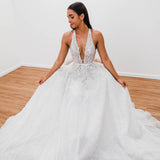 Sparkling white V neck wedding dress for hire