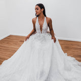 Sparkling white V neck wedding dress