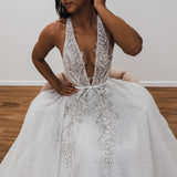 Sparkling white V neck wedding dress