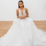 Sparkling white V neck wedding dress