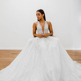 Sparkling white V neck wedding dress for hire