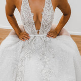 Sparkling white V neck wedding dress