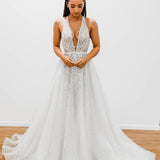Sparkling white V neck wedding dress