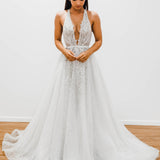 Sparkling white V neck wedding dress for hire