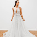 Sparkling white V neck wedding dress
