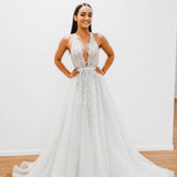 Sparkling white V neck wedding dress