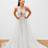 Sparkling white V neck wedding dress