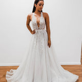Sparkling white V neck wedding dress