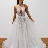 Sparkling white V neck wedding dress