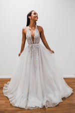 Sparkling white V neck wedding dress for hire