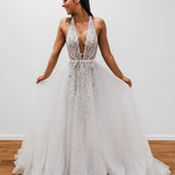Sparkling white V neck wedding dress