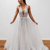 Sparkling white V neck wedding dress for hire