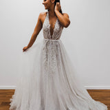 Sparkling white V neck wedding dress
