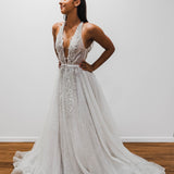 Sparkling white V neck wedding dress