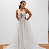 Sparkling white V neck wedding dress