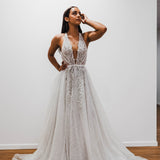 Sparkling white V neck wedding dress for hire