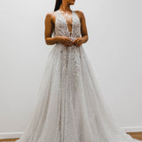 Sparkling white V neck wedding dress