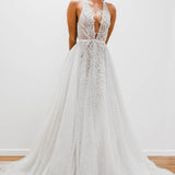 Sparkling white V neck wedding dress