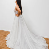 Sparkling white V neck wedding dress