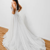 Sparkling white V neck wedding dress