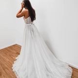 Sparkling white V neck wedding dress