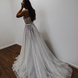 Sparkling white V neck wedding dress
