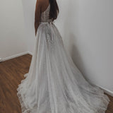 Sparkling white V neck wedding dress